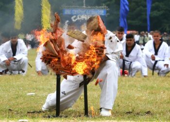 ಎಎಸ್ ಸಿ ಕೇಂದ್ರದಲ್ಲಿ ಸಂಸ್ಥಾಪನಾ ದಿನದ ಅಂಗವಾಗಿ ಯೋಧರೊಬ್ಬರು ಟ್ವೀಕಾಂಡೋ ಪ್ರದರ್ಶನದ ಭಾಗವಾಗಿ ಬೆಂಕಿ ತಗುಲಿದ ಹಂಚನ್ನು ಒಡೆಯುತ್ತಿರುವ ದೃಶ್ಯ.