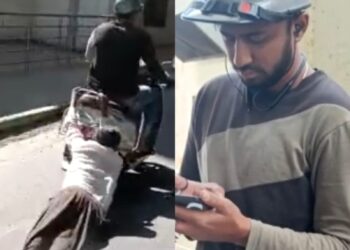 ವೃದ್ಧ ಕಾರಿನ ಡ್ರೈವರ್ ಅನ್ನು ರಸ್ತೆಯಲ್ಲಿ ಎಳೆದೊಯ್ಯುತ್ತಿರುವ ದ್ವಿಚಕ್ರ ವಾಹನ ಸವಾರ. ಬಲಚಿತ್ರದಲ್ಲಿರುವಾತನೇ ಆ ವಾಹನ ಚಾಲನೆ ಮಾಡಿದ ಸುಹೇಲ್.