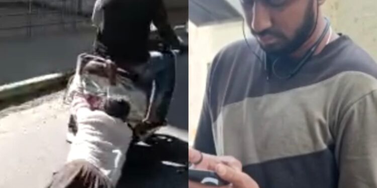 ವೃದ್ಧ ಕಾರಿನ ಡ್ರೈವರ್ ಅನ್ನು ರಸ್ತೆಯಲ್ಲಿ ಎಳೆದೊಯ್ಯುತ್ತಿರುವ ದ್ವಿಚಕ್ರ ವಾಹನ ಸವಾರ. ಬಲಚಿತ್ರದಲ್ಲಿರುವಾತನೇ ಆ ವಾಹನ ಚಾಲನೆ ಮಾಡಿದ ಸುಹೇಲ್.