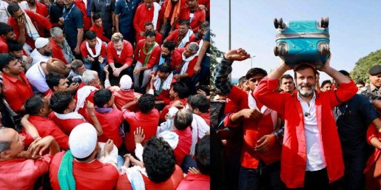 ಕಾಂಗ್ರೆಸ್ ನಾಯಕ ರಾಹುಲ್ ಗಾಂಧಿ ಅವರು, ಗುರುವಾರ ದೆಹಲಿಯ ಆನಂದ ವಿಹಾರ ರೈಲು ನಿಲ್ದಾಣದಲ್ಲಿ ಹಮಾಲಿ ಧರಿಸು ಧರಿಸಿ, ಕೂಲಿಯವರು ಹಾಗೂ ಆಟೋ ಚಾಲಕರ ಸಮಸ್ಯೆಗಳ ಬಗ್ಗೆ ಸಮಾಲೋಚಿಸುತ್ತಿರುವ ಚಿತ್ರ.