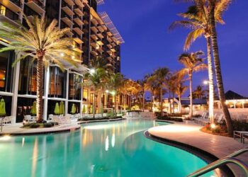 A resort swimming pool at twilight
