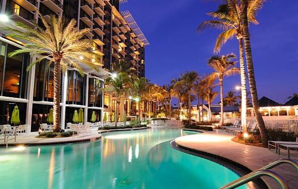 A resort swimming pool at twilight