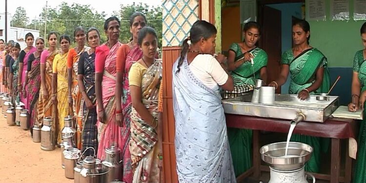 ಸಾಲಿನಲ್ಲಿ ನಿಂತು, ಮಹಿಳೆಯರು ಹಾಲಿನ ಡೈರಿಗೆ ತಾವು ತಂದ ಹಾಲನ್ನು ನೀಡುತ್ತಿರುವ ಸಾಂದರ್ಭಿಕ ಚಿತ್ರ.