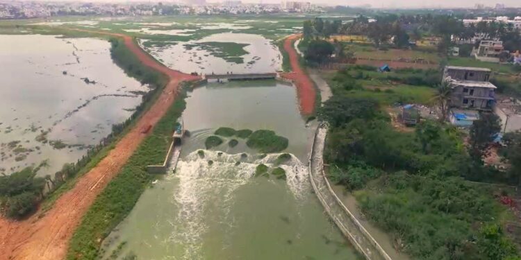 ಕೆ.ಆರ್.ಪುರ ವಿಧಾನಸಭಾ ಕ್ಷೇತ್ರದ ವ್ಯಾಪ್ತಿಗೆ ಬರುವ ರಾಮಪುರ ಕೆರೆ ತುಂಬಿ ಕೋಡಿ ಹರಿಯುತ್ತಿರುವ ದ್ರೋಣ್ ಕ್ಯಾಮರಾ ಚಿತ್ರ.