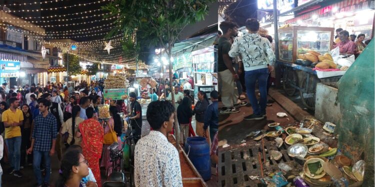 ಬೆಂಗಳೂರಿನ ವಿಶ್ವೇಶ್ವರ ಪುರದಲ್ಲಿನ ತಿಂಡಿ ಬೀದಿಯ ಪಾದಚಾರಿ ಮಾರ್ಗವನ್ನು ಅಂಗಡಿ, ತಳ್ಳುಗಾಡಿಗಳು ಒತ್ತುವರಿ ಮಾಡಿಕೊಂಡಿರುವ ಚಿತ್ರ ಒಂದು ಕಡೆ. ಮತ್ತೊಂದು ಕಡೆ ಕಸ, ಆಹಾರದ ತಟ್ಟೆಗಳನ್ನು ಎಲ್ಲೆಂದರಲ್ಲಿ ಎಸೆದಿರುವ ಚಿತ್ರ.